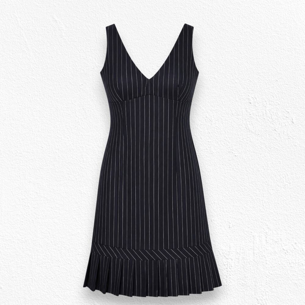 Vintage 90s Black Pinstripe Office Ruffle Hem Fitted Dress Size Medium USA Made